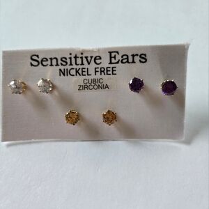 Cubic Zirconia Stud Earrings Set - Gold, Silver, Purple